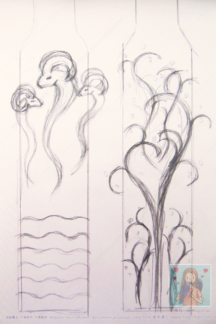 瓶绘三羊开泰-设计稿：正面三只羊，背面流动线条的树